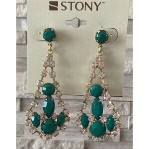 Stony Earrings Teal and Gold with Rhinestones